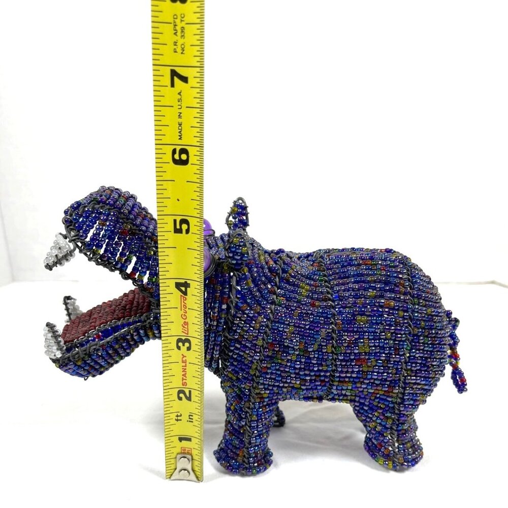 Handmade Hippopotamus Blue Red Glass Bead House Hippo South Africa Artisan VTG - Picture 10 of 12